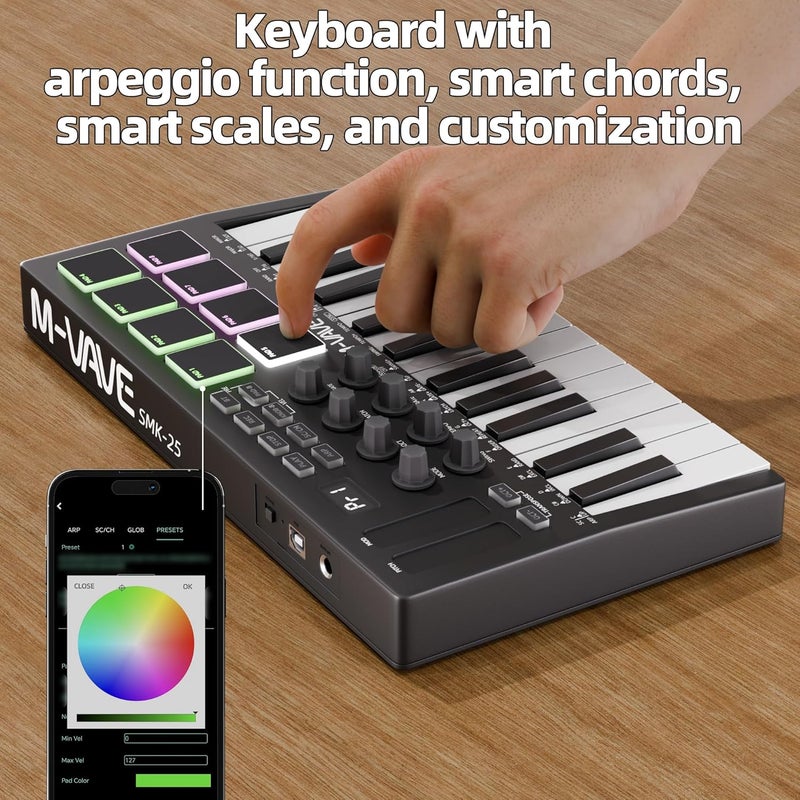 DAIERTEK Midi Keyboard Controller 25 Key Portable Mini Bluetooth & USB Midi Piano with 8 Backlit Drum Pad, 8 Knobs and Music Production Software for Computer Recording, Music Production - Image 4